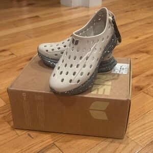 Light Gray Perforated Clog Mules with Speckled Platform Sole